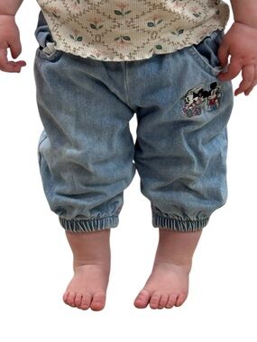 Vintage 90s Baby Mickey & Co Jeans 12/18 Month Embroidered Patches Minnie Cotton